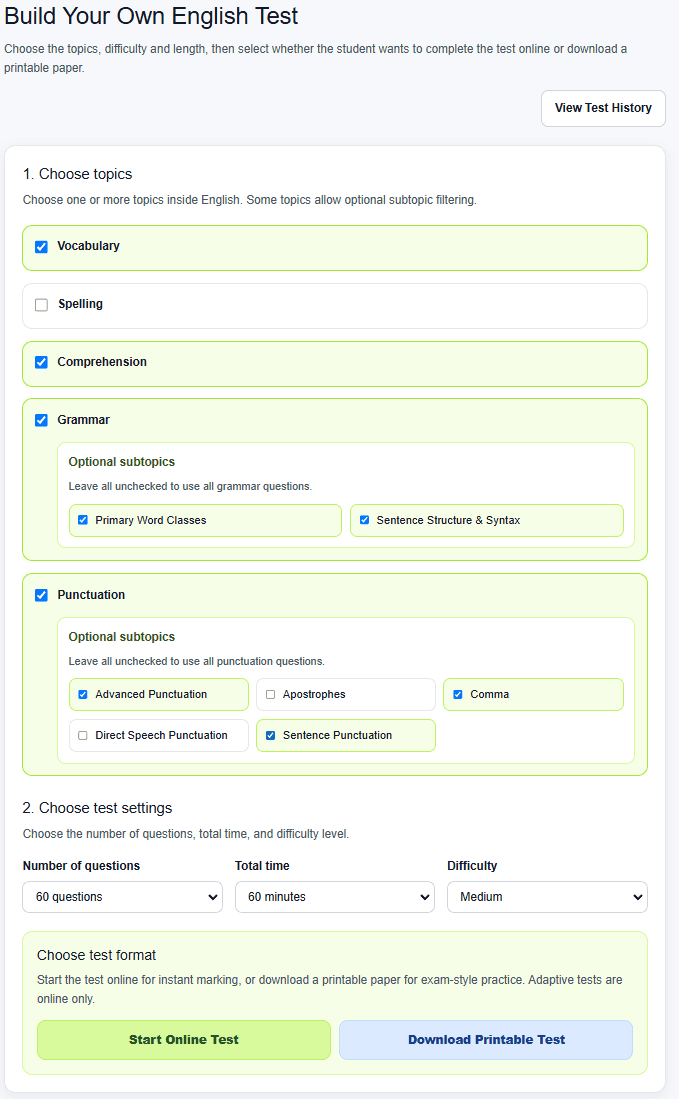 YanBo Build a Test screen showing English topics, test settings and online or printable test options