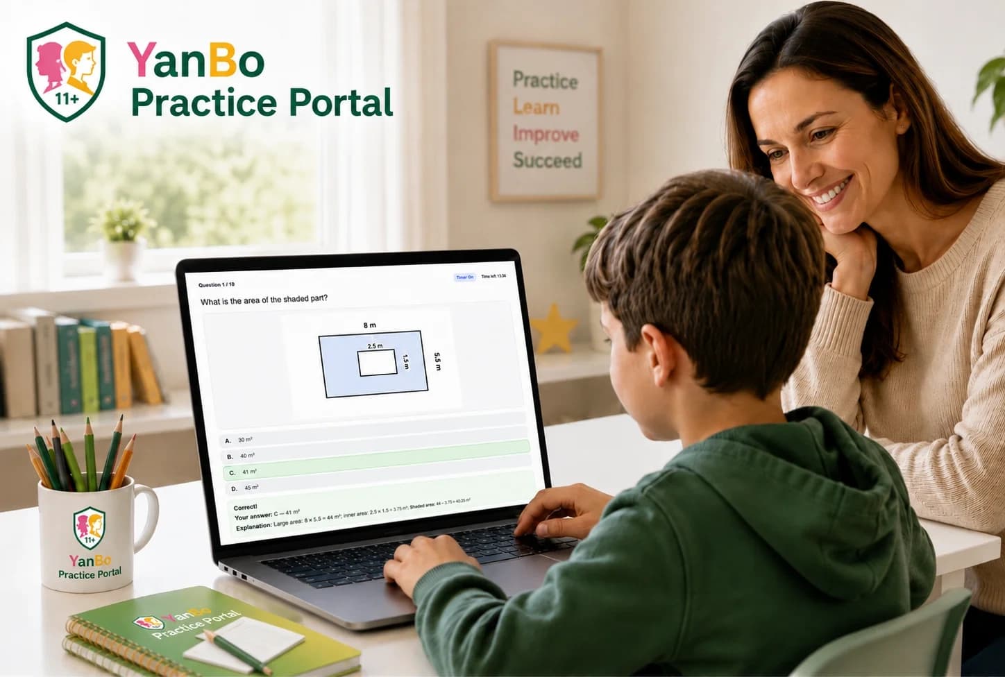 A child using YanBo Practice Portal with a parent supporting their learning