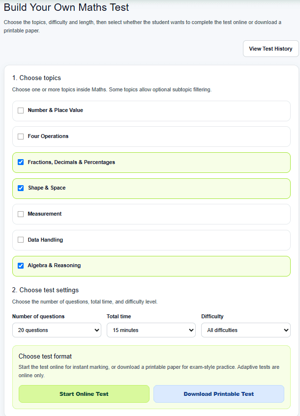 YanBo Practice Portal Build a Test page preview